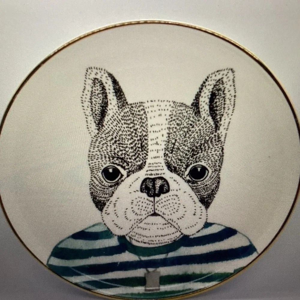 PIER 1 Book Club FRENCH BULLDOG Fine China Salad Plates Gold Trim Set/2